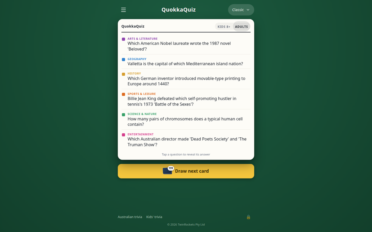 QuokkaQuiz: Australian trivia cards on a phone